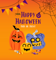 Happy Halloween greeting card design with funny pumpkins, candy, bats, cobwebs. Flat Illustration. Vector