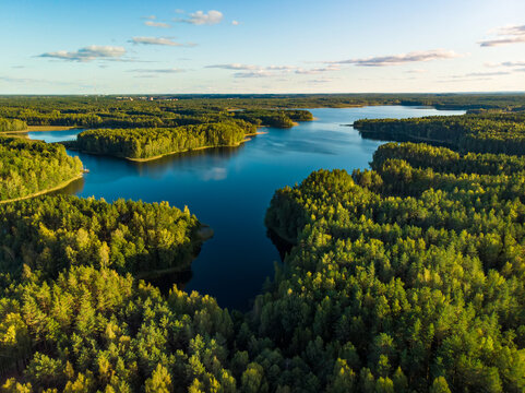 Beautiful aerial view of Moletai region, famous or its lakes. Scenic summer evening landscape, Lithuania