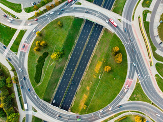Aerial view of a road intersection in the city of Vilnius, Lithuania