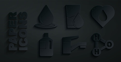 Set Water tap, Heart with water drop, Big bottle clean, Chemical formula for H2O, Glass and icon. Vector