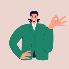 A happy man with dreadlocks in a business suit shows the OK sign. The ok gesture. Colorful flat vector illustration on isolated background. Eps 10.