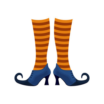 Witch boots of lilac color with pointed noses in striped orange socks. The witch s shoes, a symbol of Halloween. Vector illustration isolated on a white background