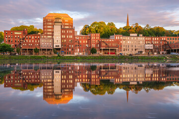 Augusta, Maine, USA downtown skyline on the Kennebec River.
