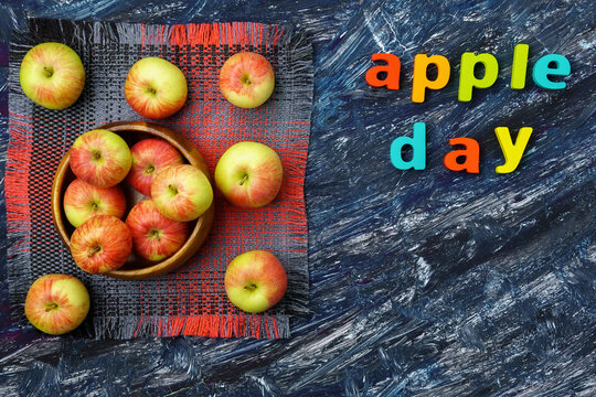 National Apple Day. Red apple, October 21. Top view. Apples On a dark background - Powered by Adobe