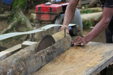A sawmill worker pushing tree to  saw machine to cut tree  in sajek, Bangladesh