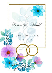 Wedding watercolor frames in blue, green leaves.Eucalyptus, lavender, delicate flowers and orchids.Watercolor flower frame for a wreath in the indie style. Hand-drawn vector leaves of blue, pink,green