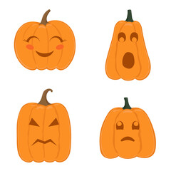 Set of pumpkins in various shapes with various emotions. Thanksgiving and Halloween elements. Template for autumn decorative design.