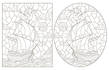 Obraz premium A set of contour illustrations of stained glass Windows with old sailing ships, dark contours on a white background