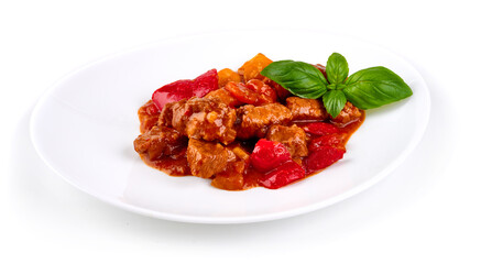 Goulash, traditional Hungarian Beef Meat Stew, isolated on white background.