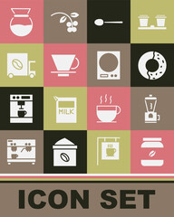Set Coffee jar bottle, Electric coffee grinder, Donut with sweet glaze, Spoon, V60 maker, street truck machine, Pour over and Electronic scales icon. Vector
