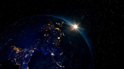 Fototapeta na wymiar Sunrise view from space on Planet Earth. Cities at Night. 3d illustration