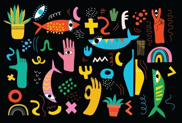 Big Set of Different colored Vector illustartions in Cartoon Flat design. Hand drawn Abstract shapes, funny Comic characters.