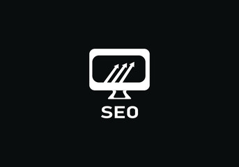 SEO black and white color logo with computer LCD and arrow