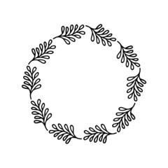 Hand-drawn wreath on white background. Black plant doodle wreath.