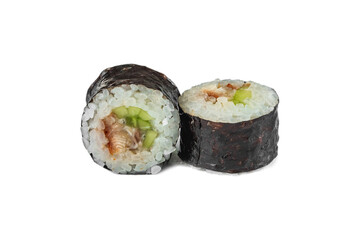 Japanese sushi rolls with eel and cucumber on a white background