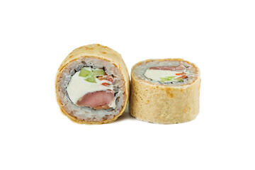 Japanese sushi rolls with tuna and omelet on a white background