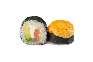 Traditional Japanese baked sushi rolls on a white background