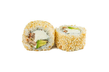 japanese sushi rolls with eel and sesame on a white background