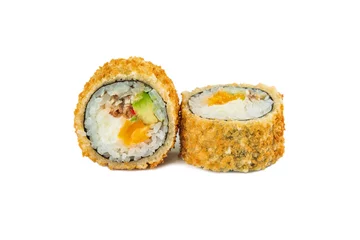 Foto op Plexiglas japanese deep-fried sushi rolls on a white background © Cavan