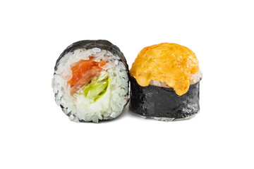 japanese baked sushi rolls with salmon on a white background