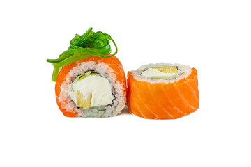 philadelphia japanese sushi rolls with chuka on a white background