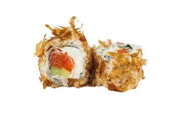 japanese sushi rolls in tuna chips with salmon and avocado