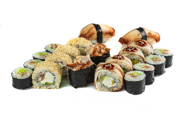 japanese sushi set with eel rolls and gunkans