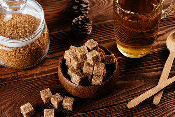 cube sugar in a wooden bowl
