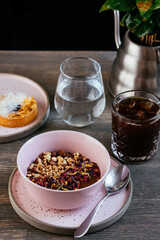 oatmeal porridge with chocolate on a wooden table. breakfast opt