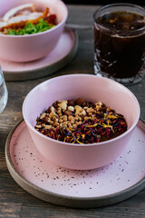 oatmeal porridge with chocolate on a wooden table. breakfast opt