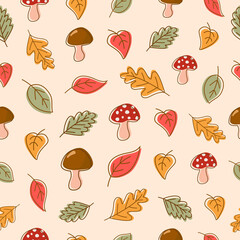 Autumn seamless texture with leaves, mushrooms and fly agarics. For wrapping paper, background, textiles, wallpaper, fabric.