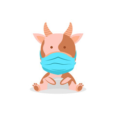 Illustration cartoon little animal cow wearing mask