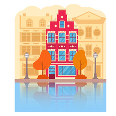 Obraz premium Autumn street facades houses Amsterdam urban city skyline reflection river.Vector flat illustration.