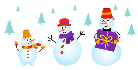 Family of snowmen in winter forest on white background.