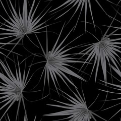 Tropical seamless pattern with exotic black white fan palm leaves. Black background.