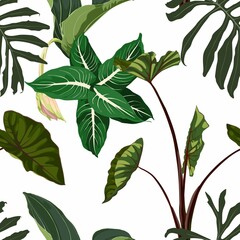 Exotic tropical natural green plant composition on white background. Beach seamless pattern wallpaper.
