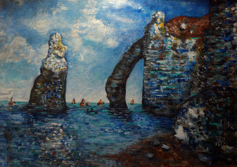 Art painting oil color The Cliffs at Etretat , Claude Monet ,  windy seashore , coast , seascape