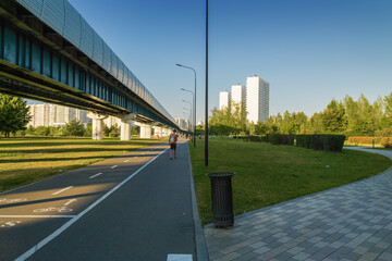 Summer sunset view of Yuzhnoe Butovo park in South Butovo district, Moscow, Russia.