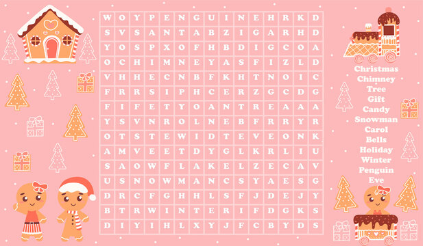 Word search game for kids with christmas themed elements, gingerman characters and house in cartoon style