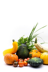 Organic vegetables pumpkins, squash, zucchini, tomatoes, parsley on white. Harvest concept with copy space.