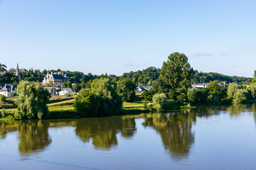 Fototapeta na wymiar Village of Langeais over Loire River, Loire Valley, France