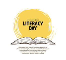 international literacy day with open book illustration, yellow brush and white background - obrazy, fototapety, plakaty