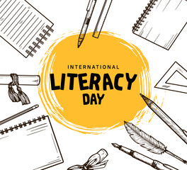 international literacy day with hand drawn element and yellow brush isolated on white background - obrazy, fototapety, plakaty