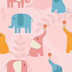 Seamless pattern with elephants. Vector flat illustration with wild cute animal on a pink background.