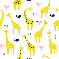 Seamless pattern with yellow giraffes. Vector flat illustration with wild cute animal on a white background.