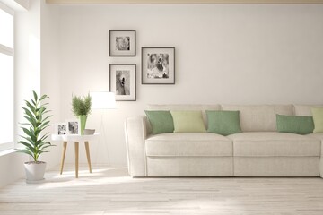 Soft color living room with sofa. Scandinavian interior design. 3D illustration