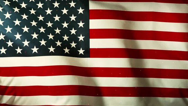 Super slow motion of waving flag of USA with fire sparks, close-up. Filmed on high speed cinema camera, 1000fps.