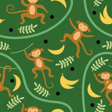Seamless pattern with monkeys nna lianas. Vector flat illustration with wild cute animal on a green background.