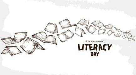 international literacy day with flying books isolated on white background