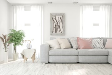 White living room with sofa. Scandinavian interior design. 3D illustration